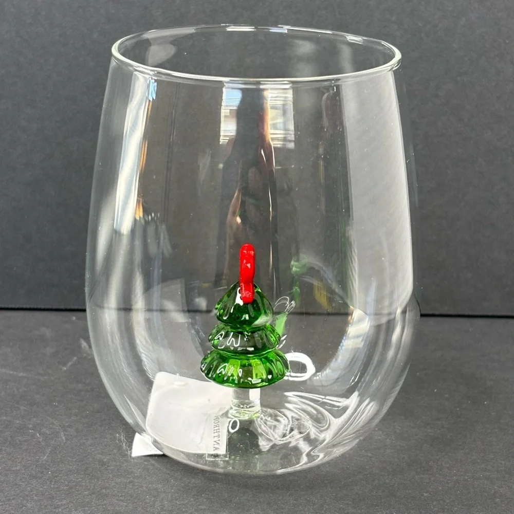 Anthropologie Jolly Icon Stemless Wine Glass | Christmas | Christmas Tree | NEW